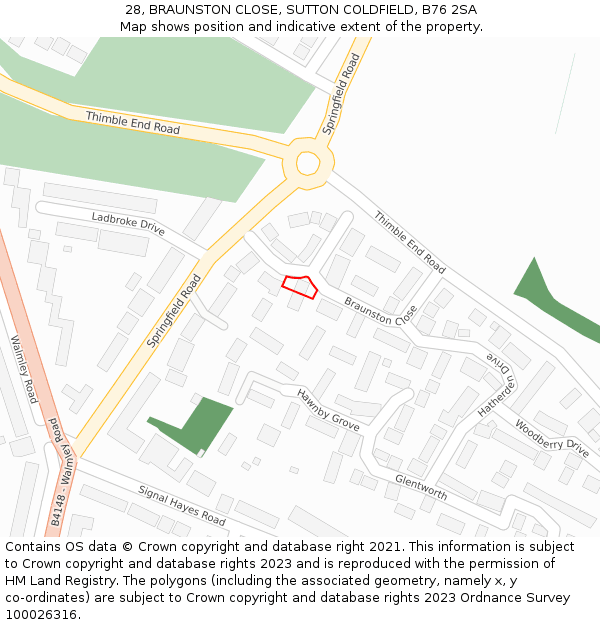 28, BRAUNSTON CLOSE, SUTTON COLDFIELD, B76 2SA: Location map and indicative extent of plot