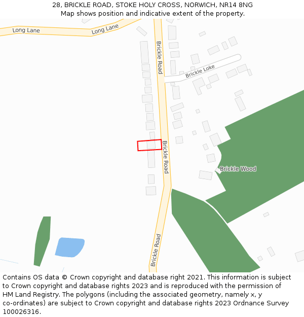 28, BRICKLE ROAD, STOKE HOLY CROSS, NORWICH, NR14 8NG: Location map and indicative extent of plot