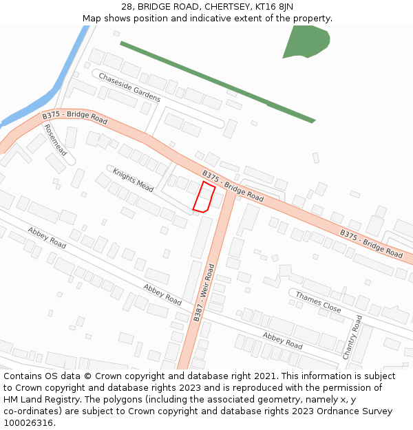 28, BRIDGE ROAD, CHERTSEY, KT16 8JN: Location map and indicative extent of plot
