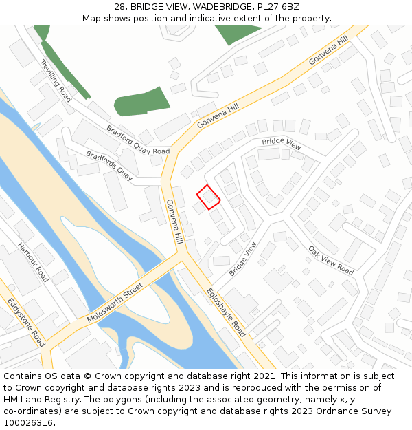 28, BRIDGE VIEW, WADEBRIDGE, PL27 6BZ: Location map and indicative extent of plot