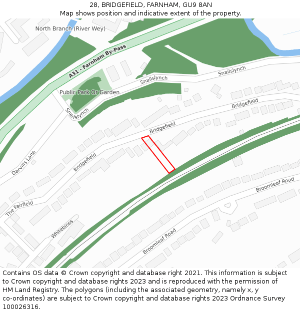 28, BRIDGEFIELD, FARNHAM, GU9 8AN: Location map and indicative extent of plot