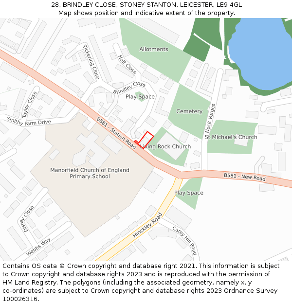 28, BRINDLEY CLOSE, STONEY STANTON, LEICESTER, LE9 4GL: Location map and indicative extent of plot