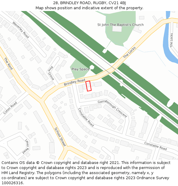 28, BRINDLEY ROAD, RUGBY, CV21 4BJ: Location map and indicative extent of plot