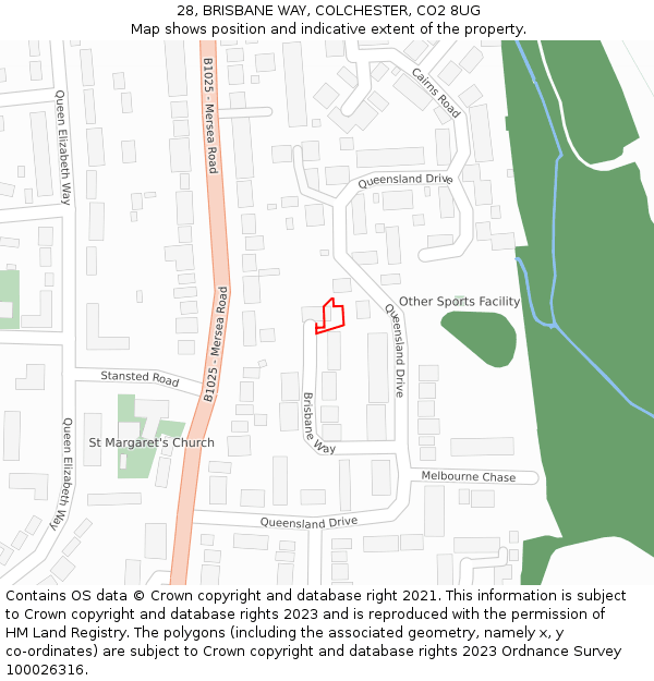 28, BRISBANE WAY, COLCHESTER, CO2 8UG: Location map and indicative extent of plot