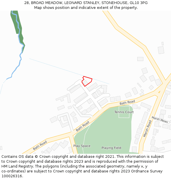 28, BROAD MEADOW, LEONARD STANLEY, STONEHOUSE, GL10 3PG: Location map and indicative extent of plot