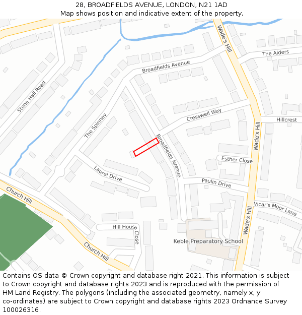 28, BROADFIELDS AVENUE, LONDON, N21 1AD: Location map and indicative extent of plot