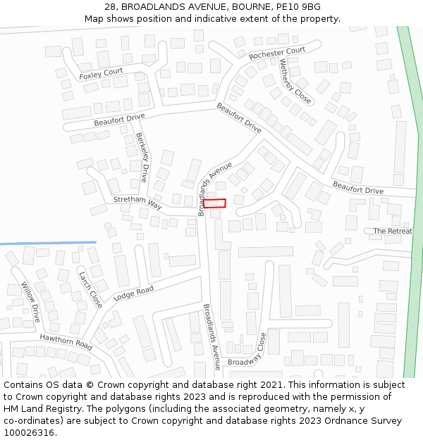 28, BROADLANDS AVENUE, BOURNE, PE10 9BG: Location map and indicative extent of plot