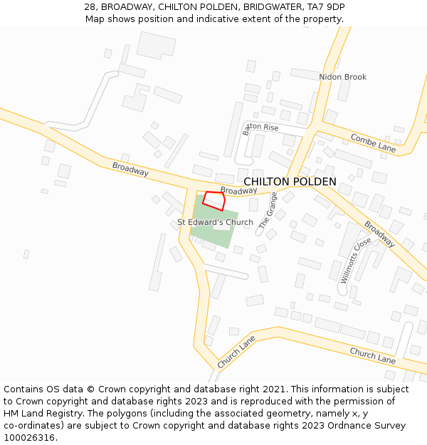 28, BROADWAY, CHILTON POLDEN, BRIDGWATER, TA7 9DP: Location map and indicative extent of plot