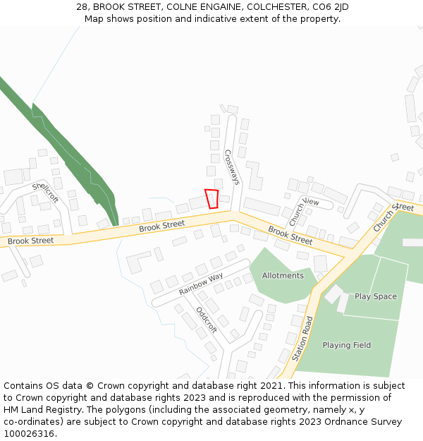 28, BROOK STREET, COLNE ENGAINE, COLCHESTER, CO6 2JD: Location map and indicative extent of plot