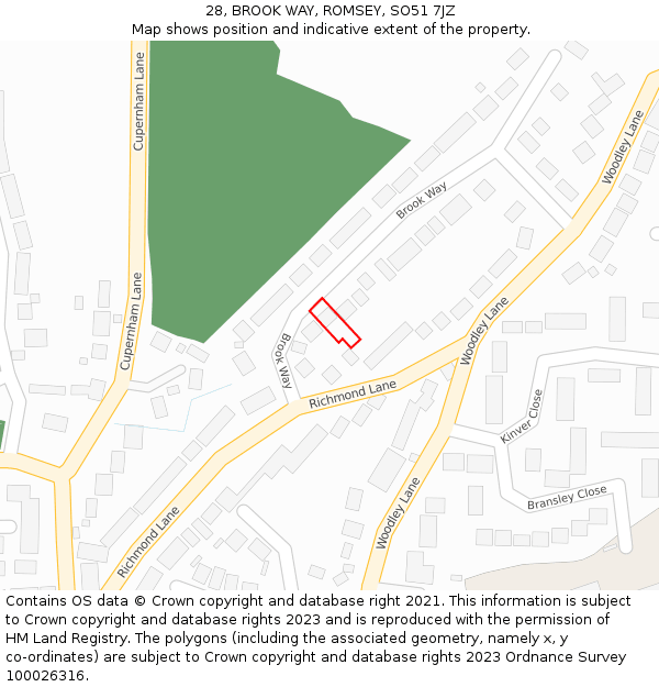 28, BROOK WAY, ROMSEY, SO51 7JZ: Location map and indicative extent of plot