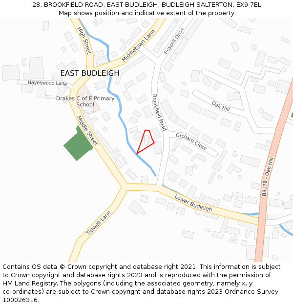 28, BROOKFIELD ROAD, EAST BUDLEIGH, BUDLEIGH SALTERTON, EX9 7EL: Location map and indicative extent of plot