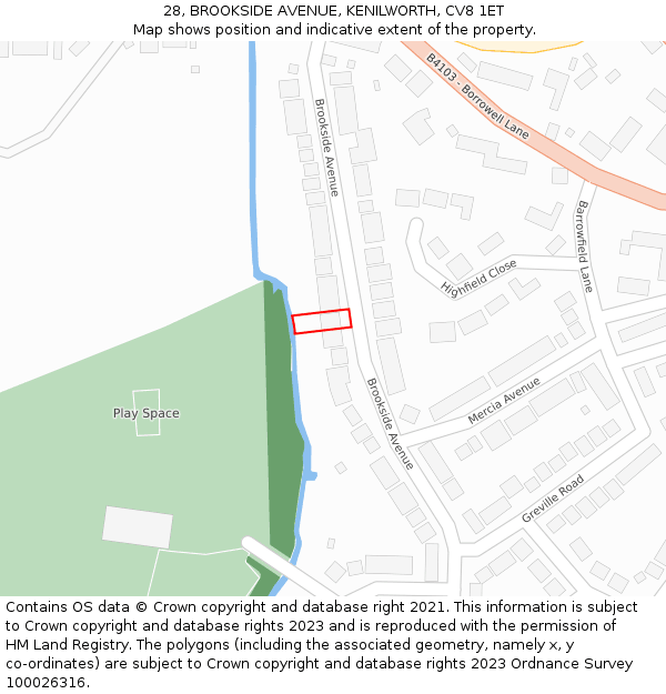 28, BROOKSIDE AVENUE, KENILWORTH, CV8 1ET: Location map and indicative extent of plot