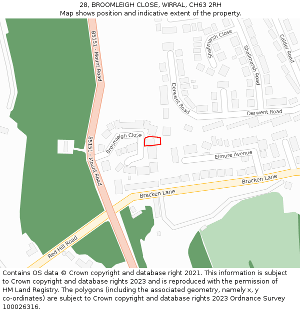 28, BROOMLEIGH CLOSE, WIRRAL, CH63 2RH: Location map and indicative extent of plot