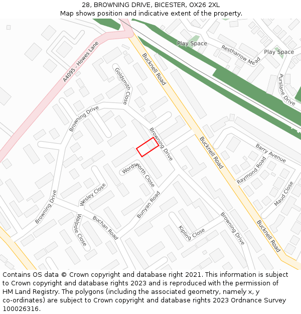 28, BROWNING DRIVE, BICESTER, OX26 2XL: Location map and indicative extent of plot