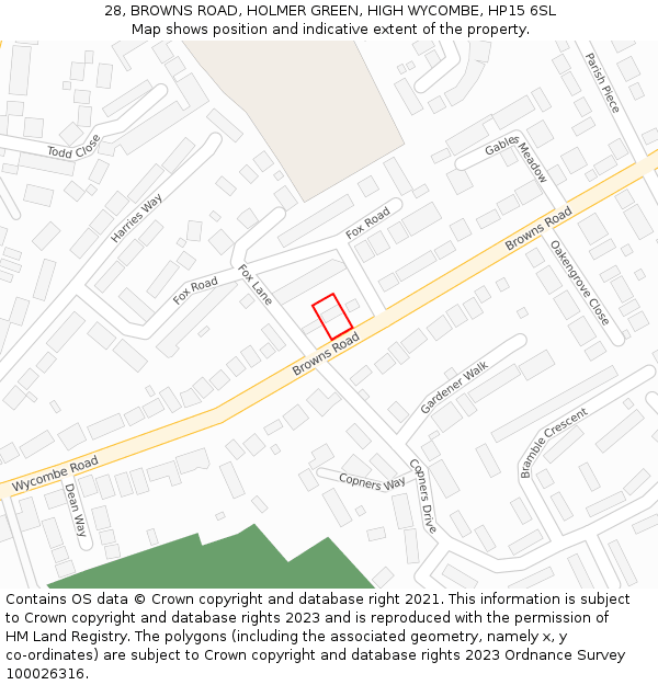 28, BROWNS ROAD, HOLMER GREEN, HIGH WYCOMBE, HP15 6SL: Location map and indicative extent of plot
