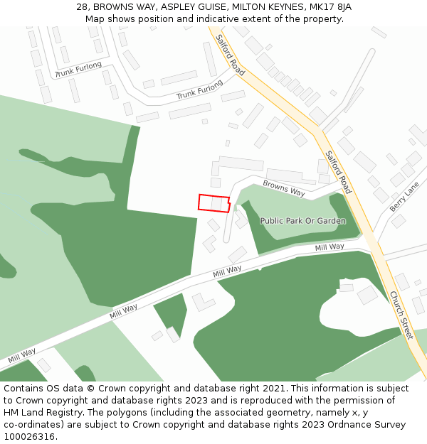 28, BROWNS WAY, ASPLEY GUISE, MILTON KEYNES, MK17 8JA: Location map and indicative extent of plot