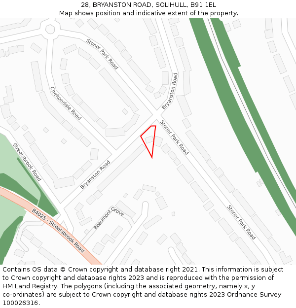 28, BRYANSTON ROAD, SOLIHULL, B91 1EL: Location map and indicative extent of plot