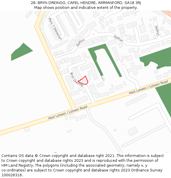 28, BRYN DREINOG, CAPEL HENDRE, AMMANFORD, SA18 3RJ: Location map and indicative extent of plot