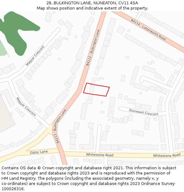 28, BULKINGTON LANE, NUNEATON, CV11 4SA: Location map and indicative extent of plot
