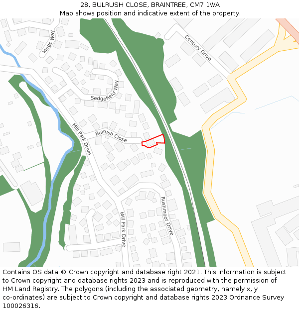 28, BULRUSH CLOSE, BRAINTREE, CM7 1WA: Location map and indicative extent of plot