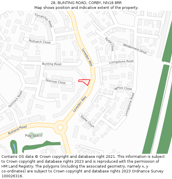 28, BUNTING ROAD, CORBY, NN18 8RR: Location map and indicative extent of plot
