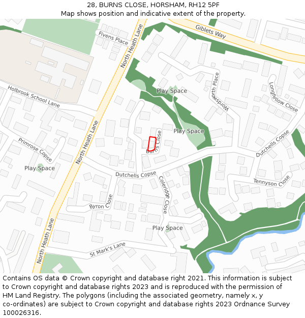 28, BURNS CLOSE, HORSHAM, RH12 5PF: Location map and indicative extent of plot