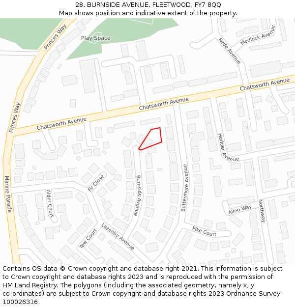 28, BURNSIDE AVENUE, FLEETWOOD, FY7 8QQ: Location map and indicative extent of plot