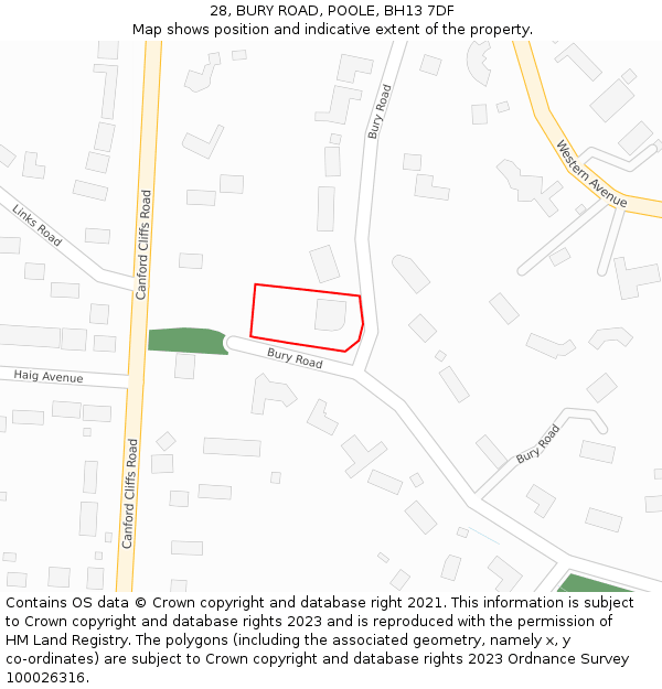28, BURY ROAD, POOLE, BH13 7DF: Location map and indicative extent of plot