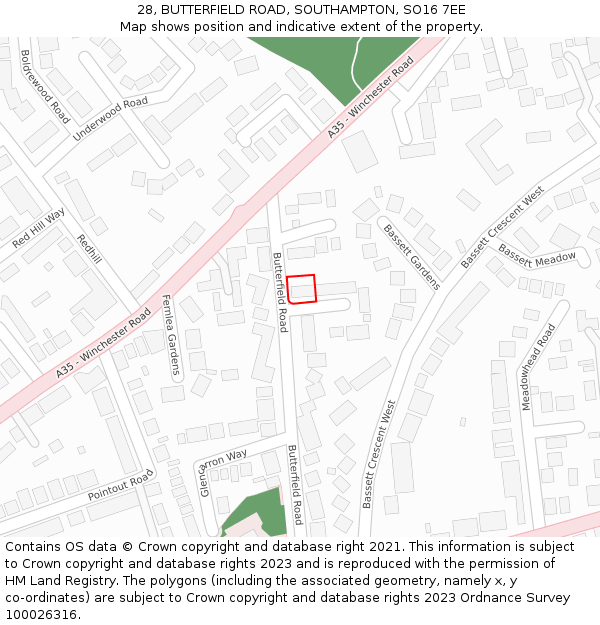 28, BUTTERFIELD ROAD, SOUTHAMPTON, SO16 7EE: Location map and indicative extent of plot