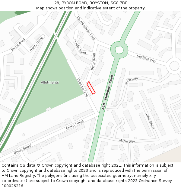 28, BYRON ROAD, ROYSTON, SG8 7DP: Location map and indicative extent of plot