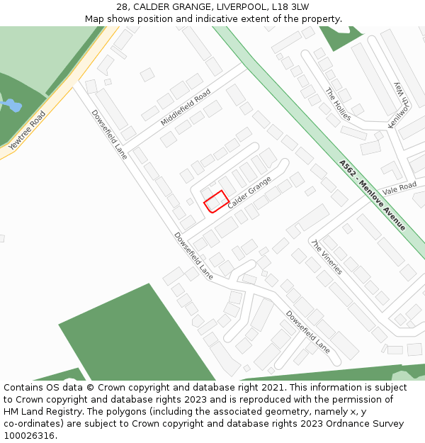 28, CALDER GRANGE, LIVERPOOL, L18 3LW: Location map and indicative extent of plot