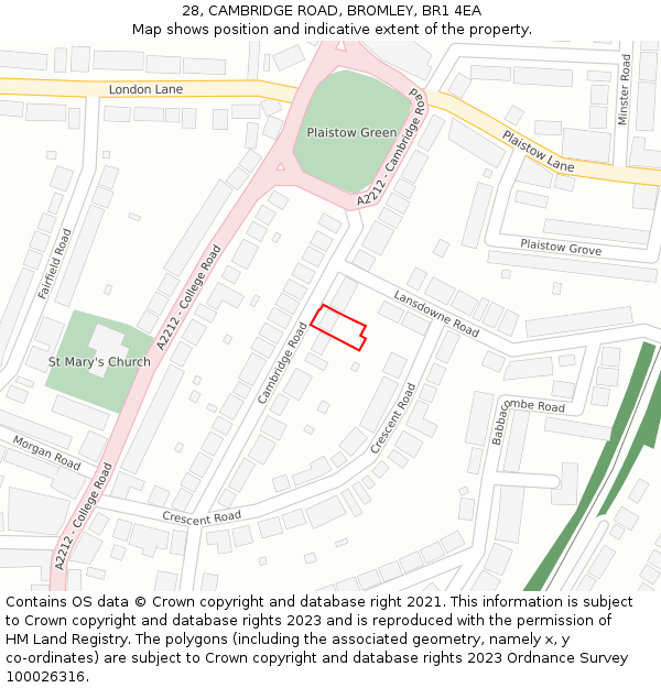 28, CAMBRIDGE ROAD, BROMLEY, BR1 4EA: Location map and indicative extent of plot