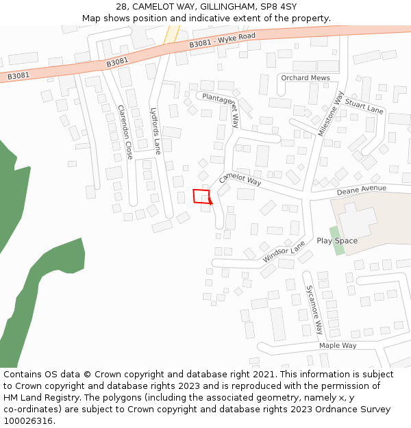 28, CAMELOT WAY, GILLINGHAM, SP8 4SY: Location map and indicative extent of plot