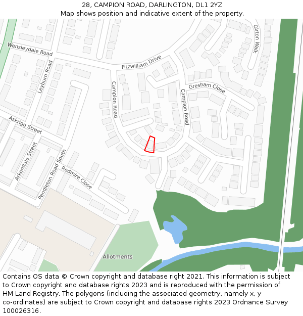 28, CAMPION ROAD, DARLINGTON, DL1 2YZ: Location map and indicative extent of plot