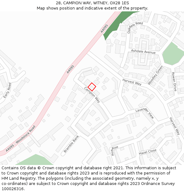 28, CAMPION WAY, WITNEY, OX28 1ES: Location map and indicative extent of plot