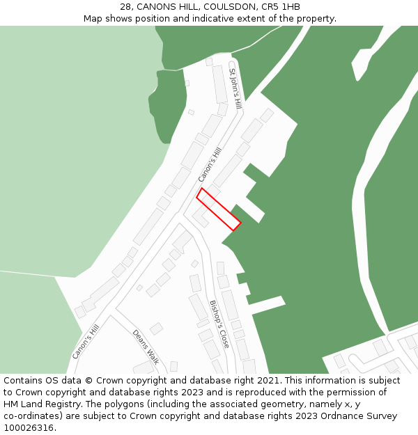 28, CANONS HILL, COULSDON, CR5 1HB: Location map and indicative extent of plot