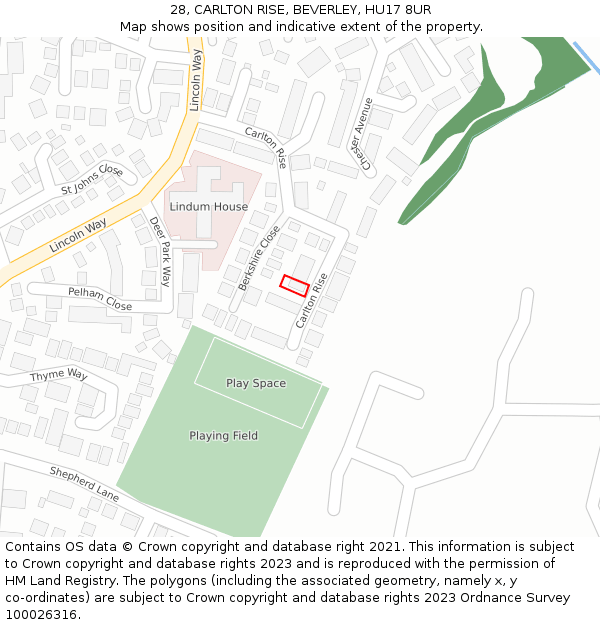 28, CARLTON RISE, BEVERLEY, HU17 8UR: Location map and indicative extent of plot