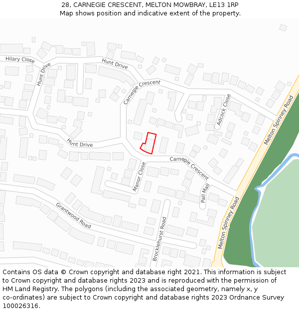 28, CARNEGIE CRESCENT, MELTON MOWBRAY, LE13 1RP: Location map and indicative extent of plot