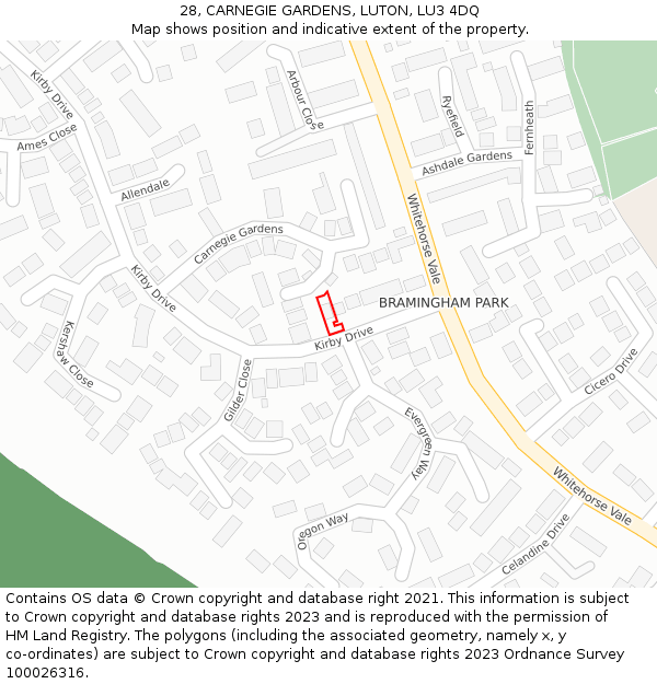 28, CARNEGIE GARDENS, LUTON, LU3 4DQ: Location map and indicative extent of plot