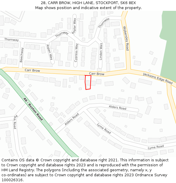 28, CARR BROW, HIGH LANE, STOCKPORT, SK6 8EX: Location map and indicative extent of plot