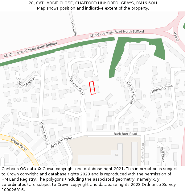 28, CATHARINE CLOSE, CHAFFORD HUNDRED, GRAYS, RM16 6QH: Location map and indicative extent of plot