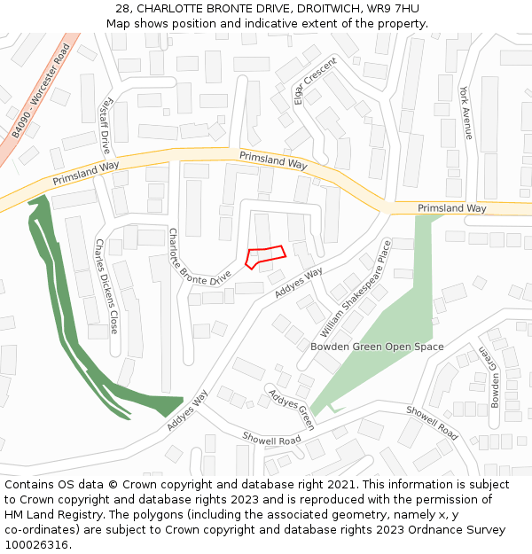 28, CHARLOTTE BRONTE DRIVE, DROITWICH, WR9 7HU: Location map and indicative extent of plot