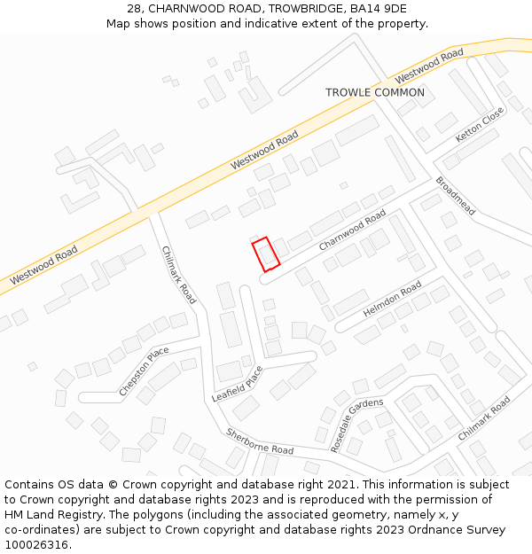 28, CHARNWOOD ROAD, TROWBRIDGE, BA14 9DE: Location map and indicative extent of plot