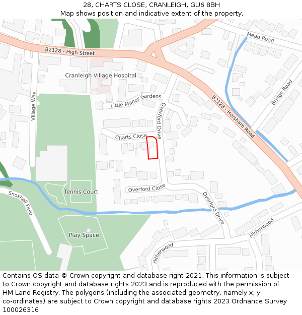 28, CHARTS CLOSE, CRANLEIGH, GU6 8BH: Location map and indicative extent of plot