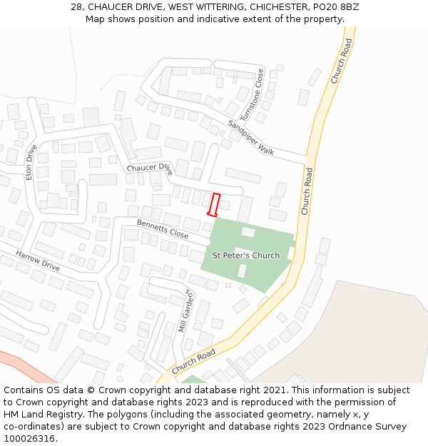 28, CHAUCER DRIVE, WEST WITTERING, CHICHESTER, PO20 8BZ: Location map and indicative extent of plot