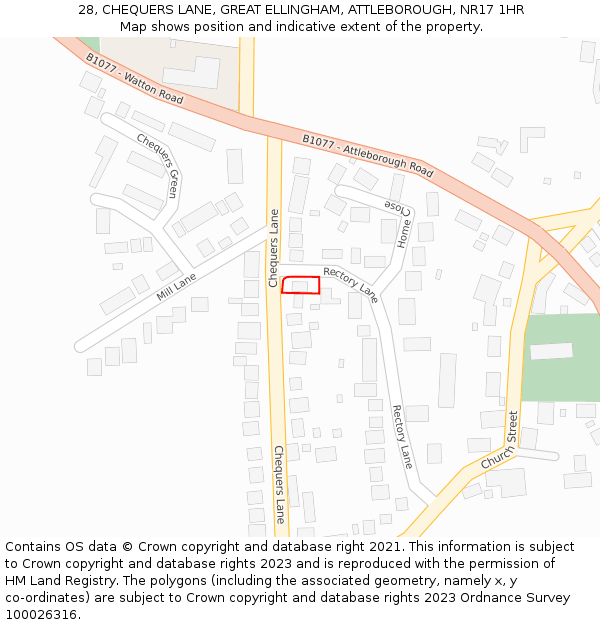 28, CHEQUERS LANE, GREAT ELLINGHAM, ATTLEBOROUGH, NR17 1HR: Location map and indicative extent of plot