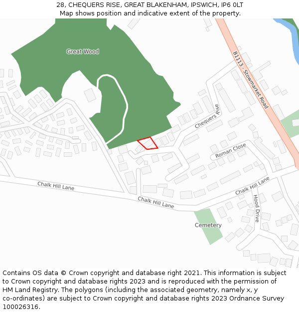 28, CHEQUERS RISE, GREAT BLAKENHAM, IPSWICH, IP6 0LT: Location map and indicative extent of plot