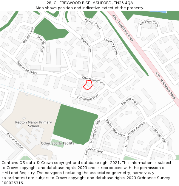 28, CHERRYWOOD RISE, ASHFORD, TN25 4QA: Location map and indicative extent of plot