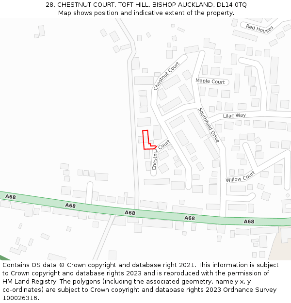 28, CHESTNUT COURT, TOFT HILL, BISHOP AUCKLAND, DL14 0TQ: Location map and indicative extent of plot