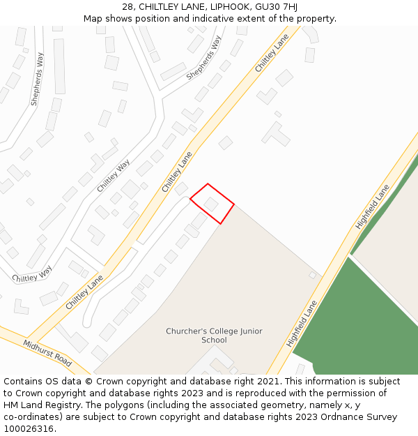 28, CHILTLEY LANE, LIPHOOK, GU30 7HJ: Location map and indicative extent of plot